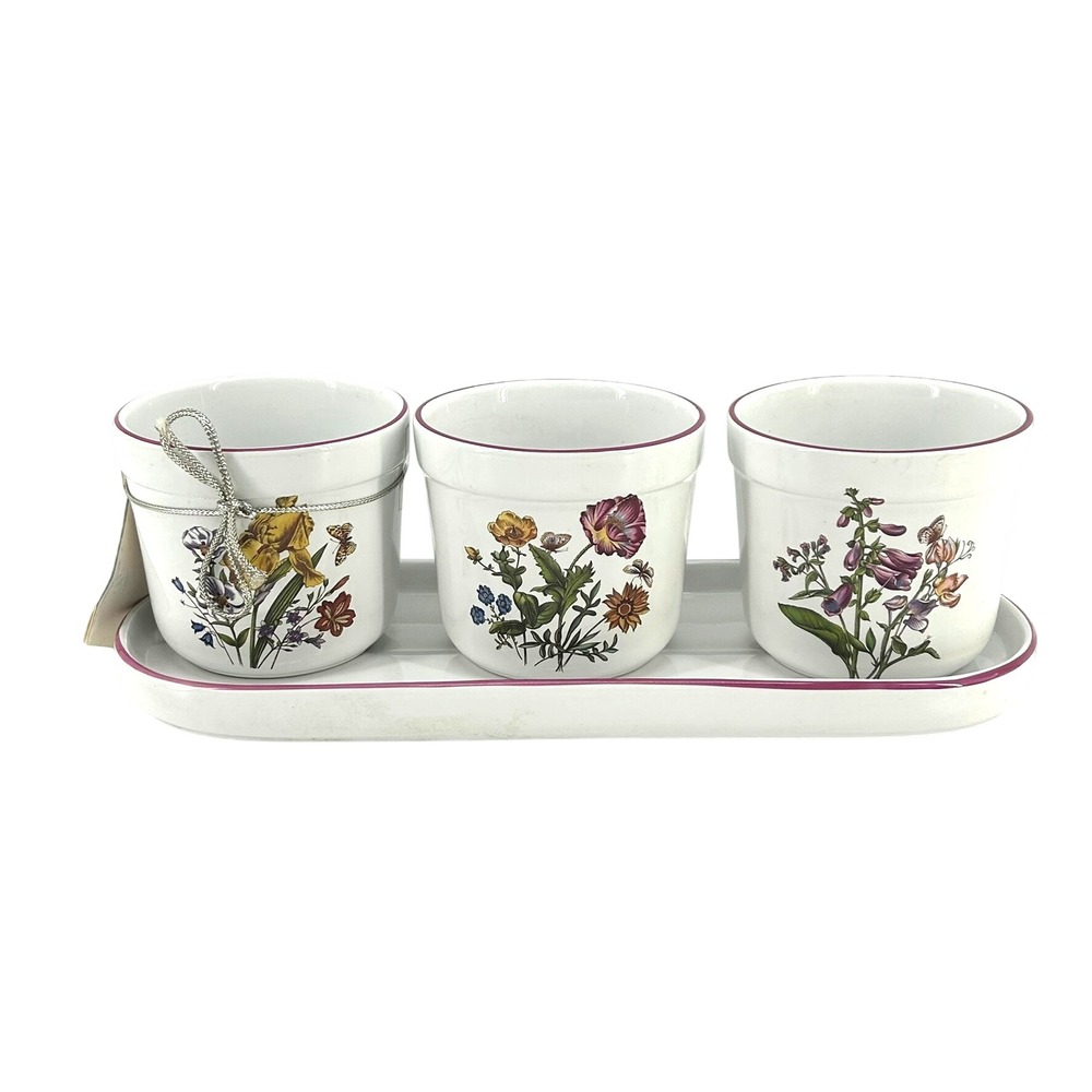 RB Bernarda Portugal Ceramic 3 Pot Herb Planter Set with Tray Floral Butterfly